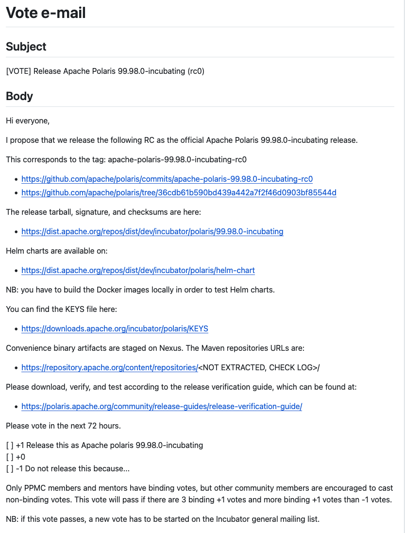 Screenshot of a vote e-mail for 1.3.0-incubating